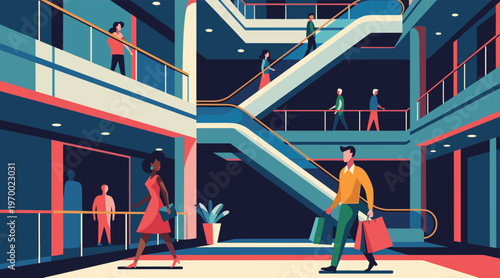 Shoppers walking and using escalators in multi level mall