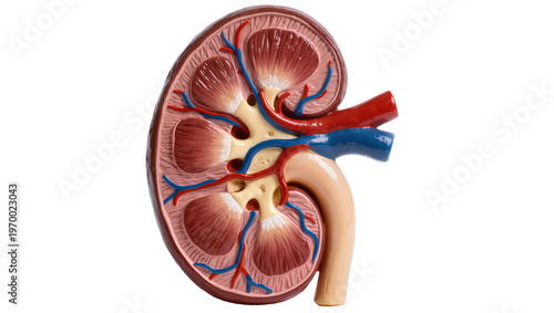 Photos Detailed human kidney model, showcasing internal structure with arteries and vei