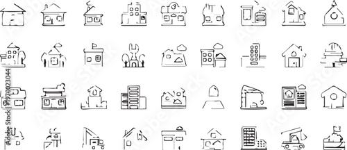 Set of 40 Hand-Drawn Black and White Building and Construction Icons Vector