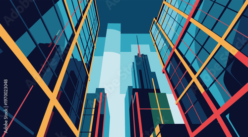 Skyscrapers rising between reflective glass facades downtown