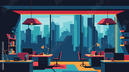 Open office with desks and chairs overlooking city skyline