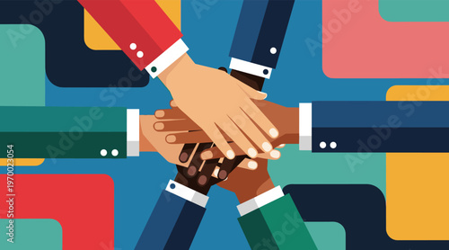 Hands stacked showing team cooperation in colorful background