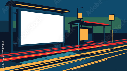 Billboard glowing beside light trails on urban night street