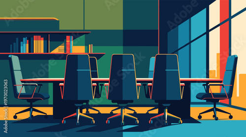 Conference chairs arranged around table in modern office