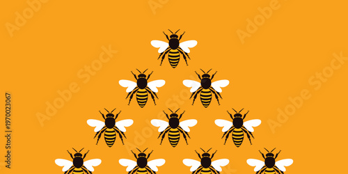 Background of a swarm of flying bees. Teamwork and leadership banner