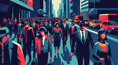 Commuters walking through crowded city street during commute