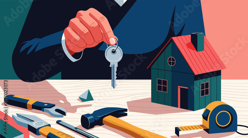 Hand holding house key above model home with repair tools