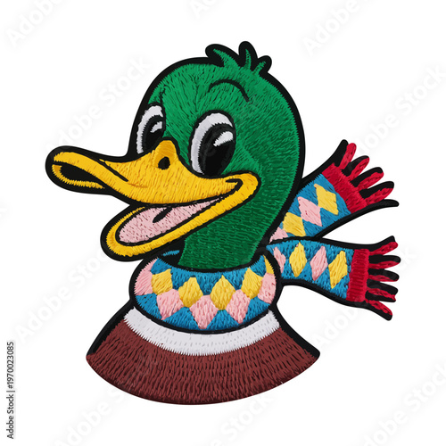 A charming cartoon duck with a green head and yellow beak cheerfully wearing a snug, striped neck scarf.