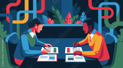 Two people signing documents at table in office booth