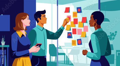 Team collaborating around sticky notes on office glass wall