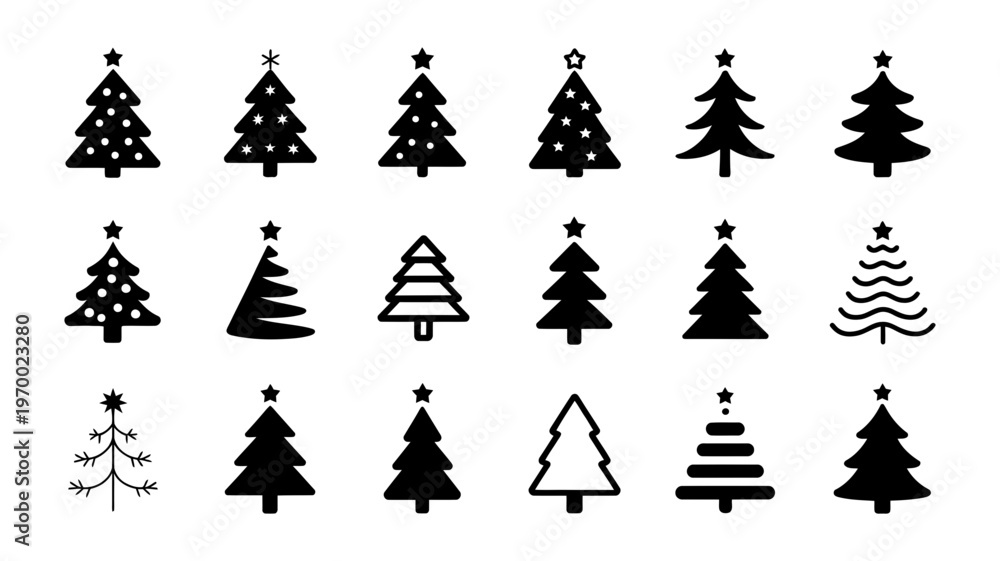 Obraz premium A comprehensive collection of solid black Christmas tree icons in diverse shapes and artistic styles.
