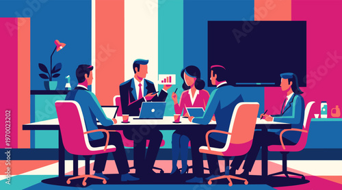 Executive team discussing strategy in modern conference room