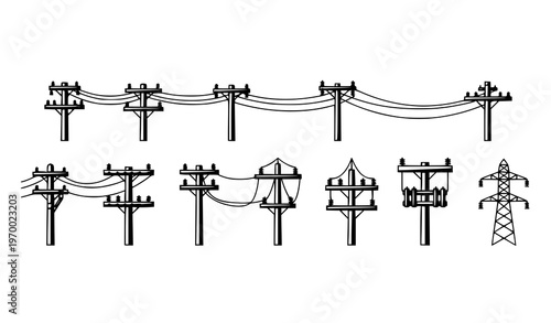 electric, electricity, pole, poles, power, energy, utility, line, lines, wire, wires, cable, cables, infrastructure, technology, industry, transmission, grid, supply, connection, icon, icons, flat, ve