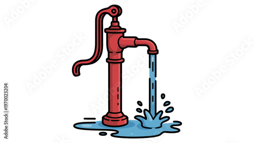 A classic red hand pump icon with a stream of fresh blue water flowing out vigorously to the left.