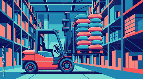 Forklift lifting stacked sacks in warehouse storage aisle