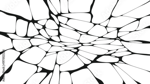 An abstract black and white pattern showing fragmented shapes converging towards a central point, creating a perspective effect.
