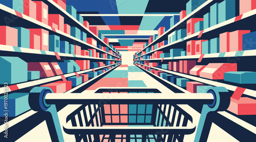 Shopping cart moving down supermarket aisle with shelves