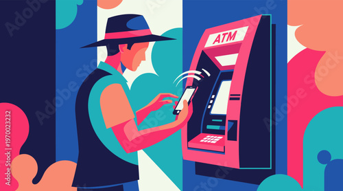 Person using smartphone at atm machine in public area