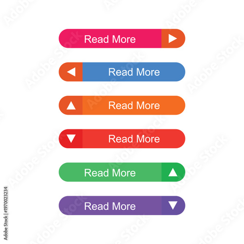 Set of read more colorful button with web icons isolated on white background. more info button. learn more, buy now, download, watch now. vector illustration
