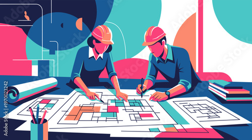 Architects reviewing blueprints at office workspace table