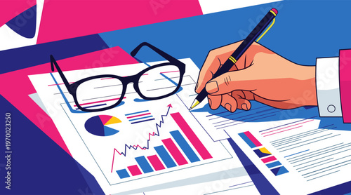 Hand annotating financial charts and reports on desk with glasses