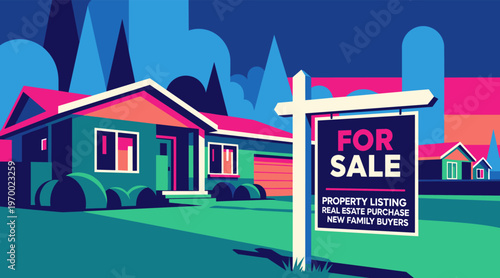 Suburban house with for sale sign on front lawn neighborhood