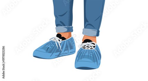A person's legs are shown wearing blue jeans, black sneakers, and disposable blue shoe covers against a plain white background.