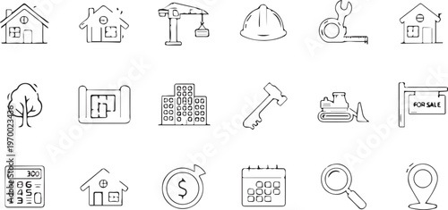Set of 18 Real Estate and Construction Line Icons Vector