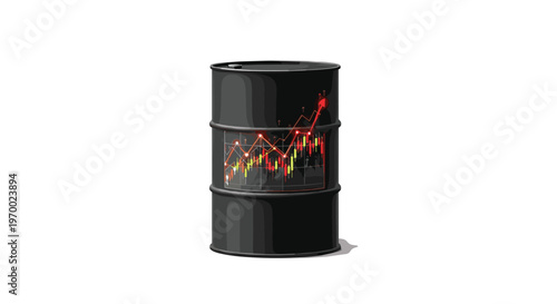 A black oil barrel features a glowing red candlestick chart with an upward arrow on its surface against a white background.