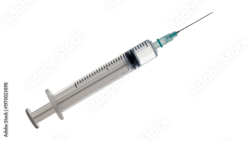 Silver medical syringe, empty vial with needle and graduated markings