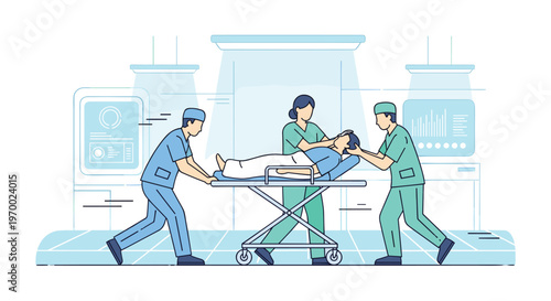 Three medical professionals in scrubs are pushing a patient on a gurney through a sterile, light blue-hued medical facility.
