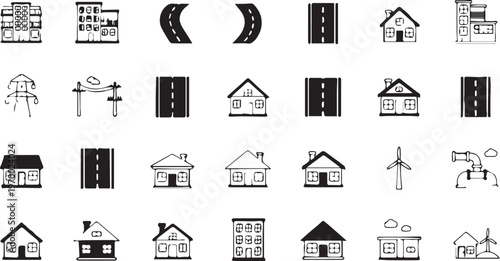 Set of 30 Black and White City and Infrastructure Vector Icons