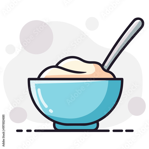 Bowl of porridge with spoon served on tabletop setting. non editable strokes