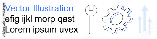 Tools, progress, productivity, analysis, engineering, growth. Wrench, gear and upward arrows. s tools and progress ideal for productivity and growth concepts