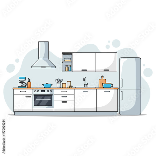 Modern kitchen countertop with appliances and cabinetry. non editable strokes