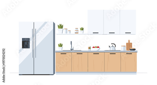 A modern kitchen interior with a large silver refrigerator, wooden countertop, and white cabinets is depicted.