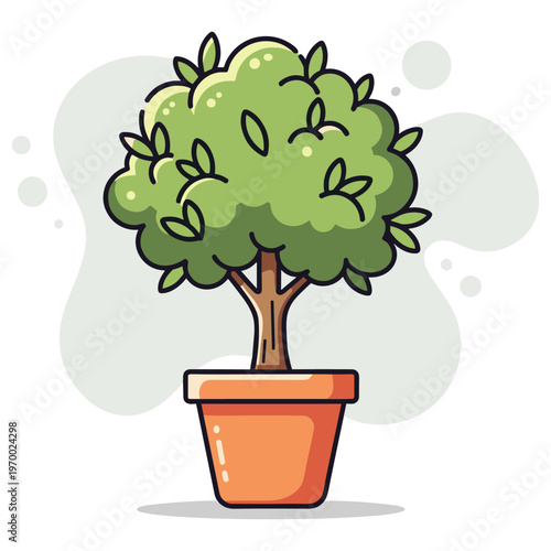 Potted small tree with leafy canopy on white background. non editable strokes
