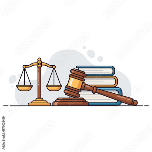Scales and gavel beside law books on neutral backdrop. non editable strokes