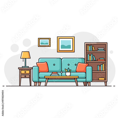 Sofa set arranged with cushions in modern living room. non editable strokes