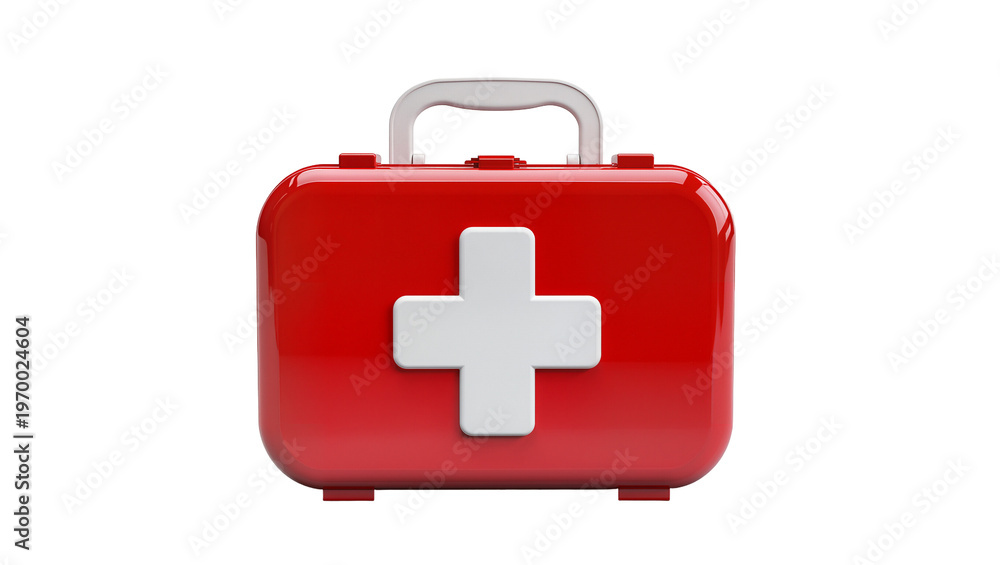 Fototapeta premium Shiny red first aid kit, displaying prominent white medical cross symbol