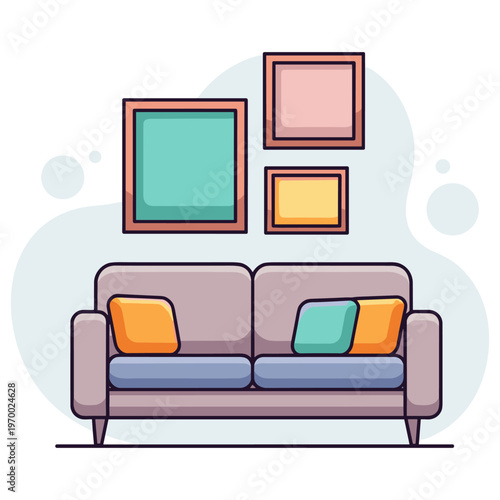 Modern sofa with colorful cushions under wall frames in living room. non editable strokes