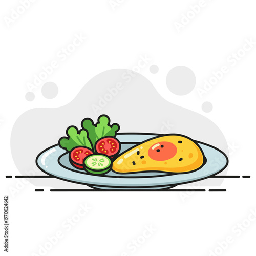 Omelette served with salad on ceramic plate isolated. non editable strokes