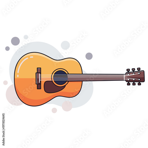Acoustic guitar lying flat on abstract white background with strings. non editable strokes