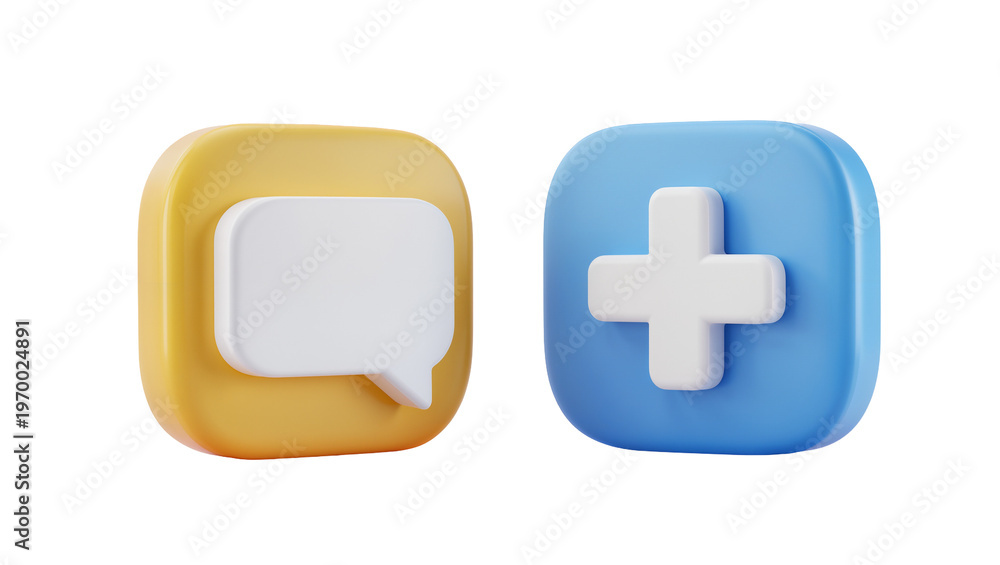 Obraz premium Golden speech bubble, and light blue plus sign icons rendered in 3D