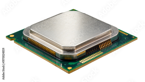 Quadro su tela Silver metallic CPU processor featuring green circuit board gold pins, and heat