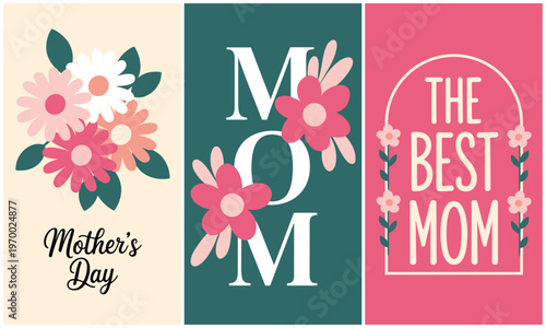 Happy Mother's Day floral card set with pink flowers and elegant typography for greeting designs