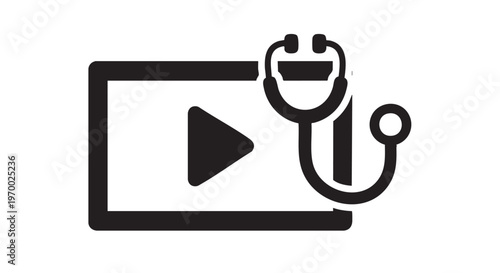 Video Call Medical Telehealth Screen Stethoscope - Black Filled Icon Vector