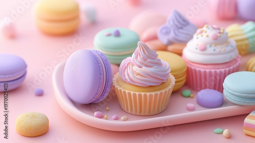 パステルカラーのスイーツ盛り合わせ マカロンとカップケーキの可愛らしい背景イラスト
