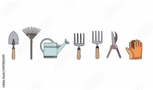 Minimal gardening tools vector set with line and flat style equipment icons isolated on white background