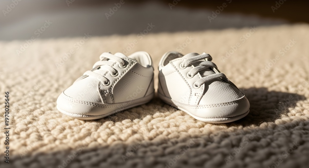 Naklejka premium Baby Shoes on Soft Carpet, Warm Natural Light, Minimal Newborn Scene